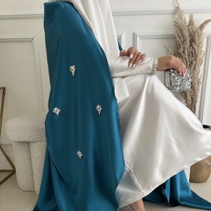 Ensemble Luxury Tunique Jupe Cape Blanc et Bleu Canard